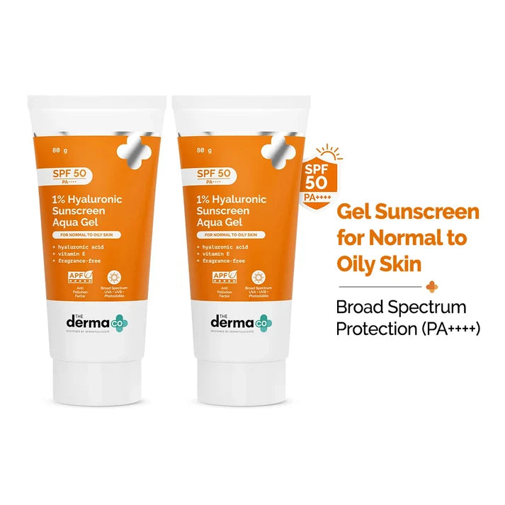 1% Hyaluronic Sunscreen Aqua Gel In Vivo Tested (ISO 24444:2019 Certified, CTRI/2025/02/080287) with SPF 50 & PA++++ - 80g (Pack of 2)