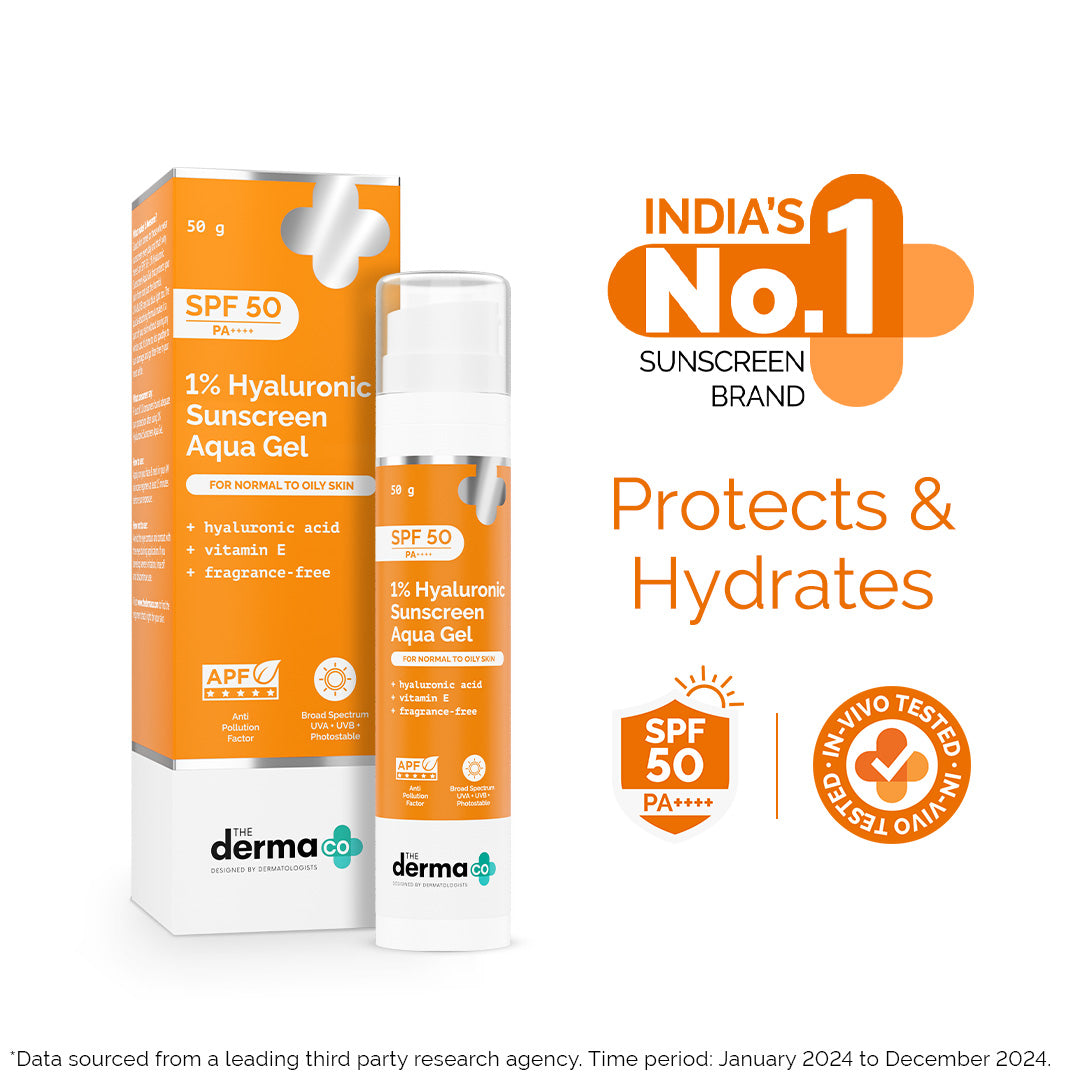 1% Hyaluronic Sunscreen Aqua Gel In Vivo Tested (ISO 24444:2019 Certified, CTRI/2025/02/080287) with SPF 50 & PA++++ - 50g