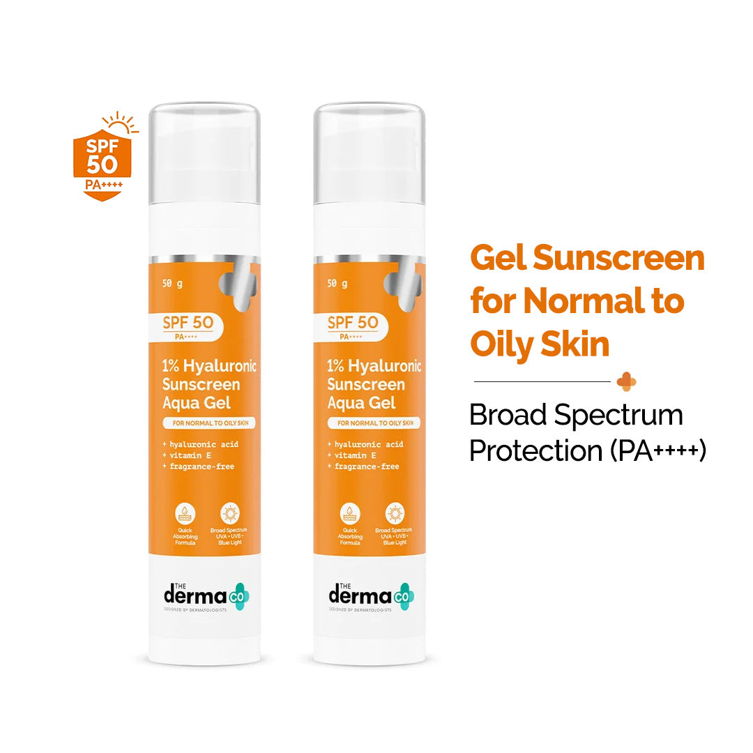 1% Hyaluronic Sunscreen Aqua Gel In Vivo Tested (ISO 24444:2019 Certified, CTRI/2025/02/080287) for Broad Spectrum & Blue Light Protection for Oily, Dry, Acne-prone Skin - 50g (Pack of 2)