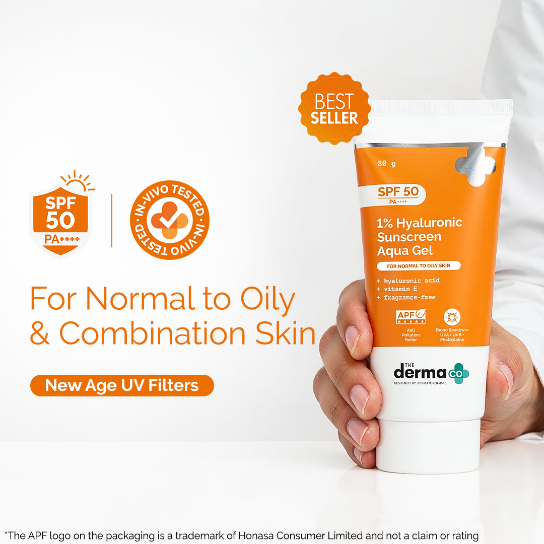 1% Hyaluronic Sunscreen Aqua Gel In-Vivo Tested (ISO 24444:2019 Certified, CTRI/2025/02/080287), UVA: 39.984 (PA++++) (PPD 39) with SPF 50 & PA++++,Dewy Finish for All Skin Types - 80g