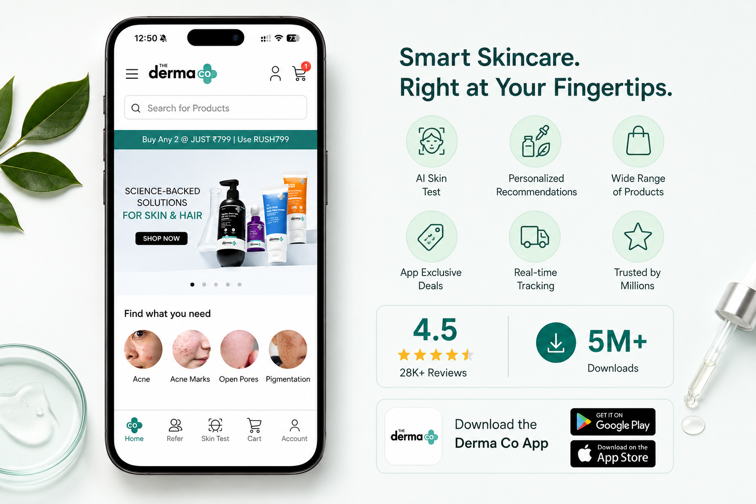 The Derma Co AI Skin Test Works App vs Website