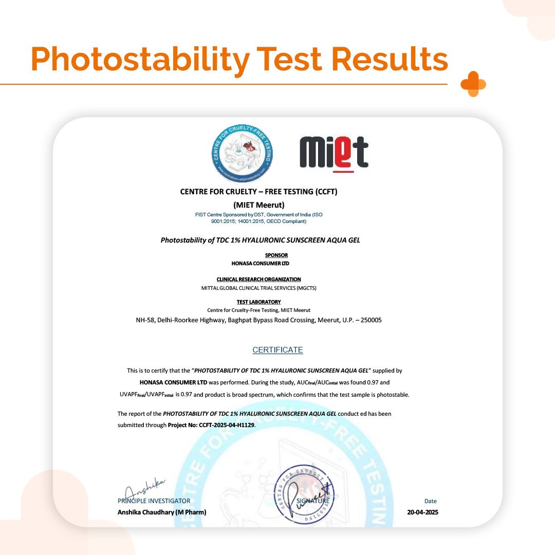 1% Hyaluronic Sunscreen Aqua Gel In Vivo Tested (ISO 24444:2019 Certified, CTRI/2025/02/080287) with SPF 50 & PA++++ - 125 g