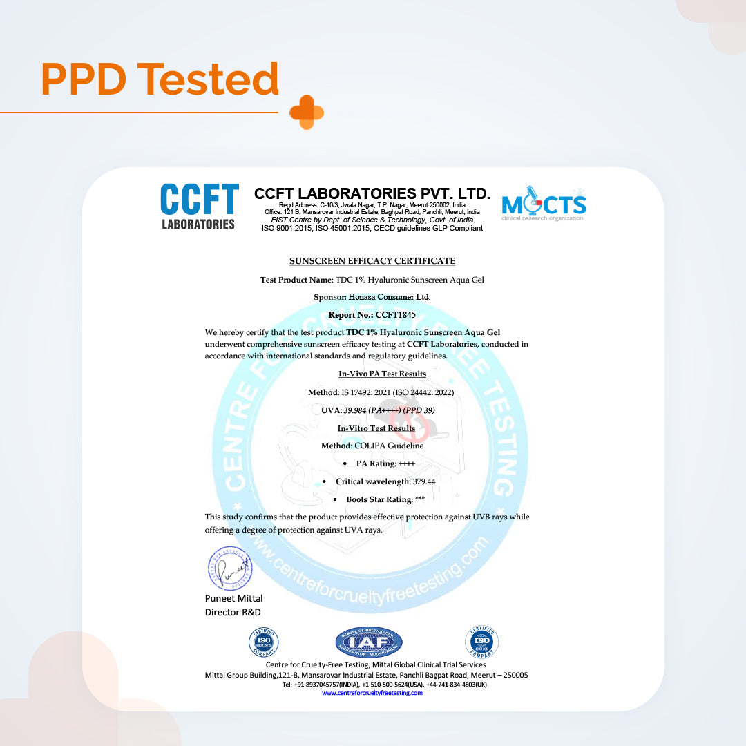 1% Hyaluronic Sunscreen Aqua Gel In Vivo Tested (ISO 24444:2019 Certified, CTRI/2025/02/080287), UVA: 39.984 (PA++++) (PPD 39) with SPF 50 & PA++++ , Dewy Finish for All Skin Types- 50g