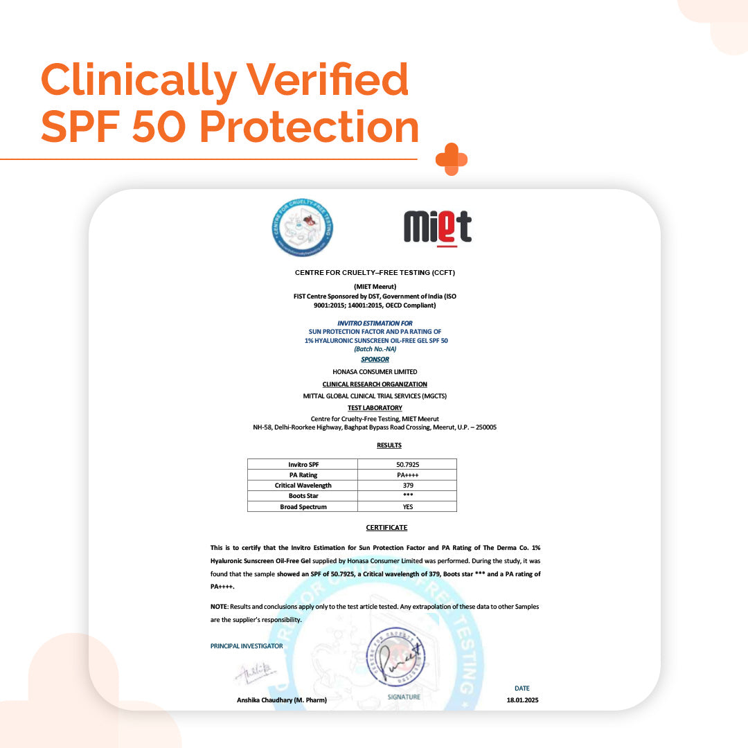 1% Hyaluronic Sunscreen Oil-Free Matte Gel In Vivo Tested (ISO 24444:2019 Certified, CTRI/2025/02/079913) - 50 g