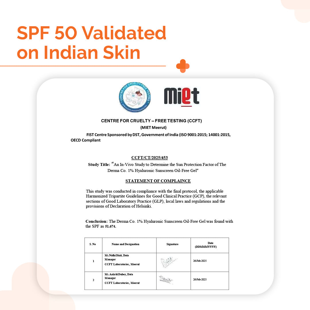 1% Hyaluronic Sunscreen Oil-Free Matte Gel In Vivo Tested (ISO 24444:2019 Certified, CTRI/2025/02/079913) - 50 g