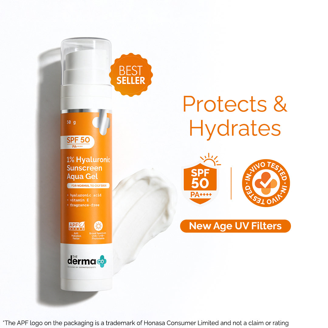 1% Hyaluronic Sunscreen Aqua Gel In Vivo Tested (ISO 24444:2019 Certified, CTRI/2025/02/080287), UVA: 39.984 (PA++++) (PPD 39) with SPF 50 & PA++++ , Dewy Finish for All Skin Types- 50g