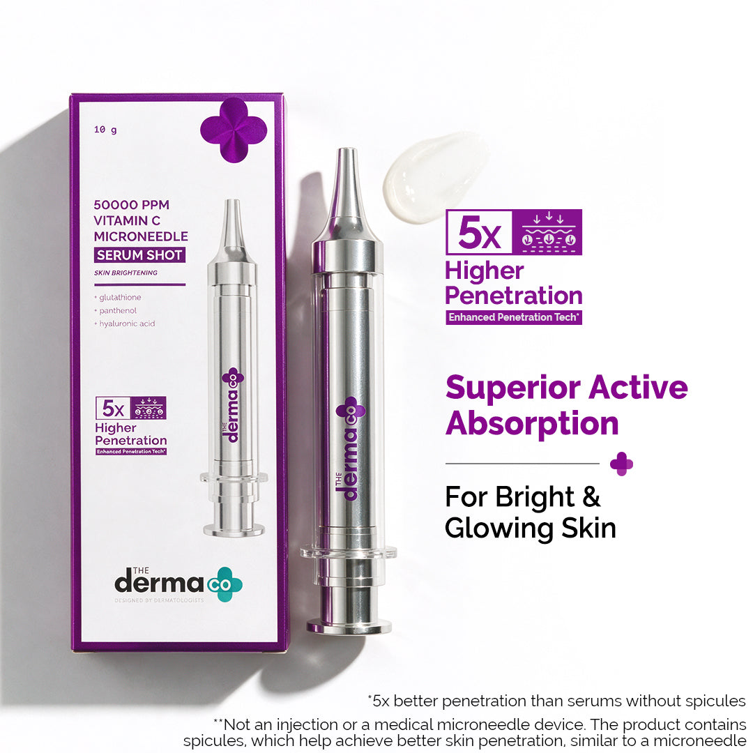 50000 PPM Vitamin C Microneedle Serum Shot with Glutathione, Panthenol & Hyaluronic Acid for Bright & Revitalized Skin - 10 g