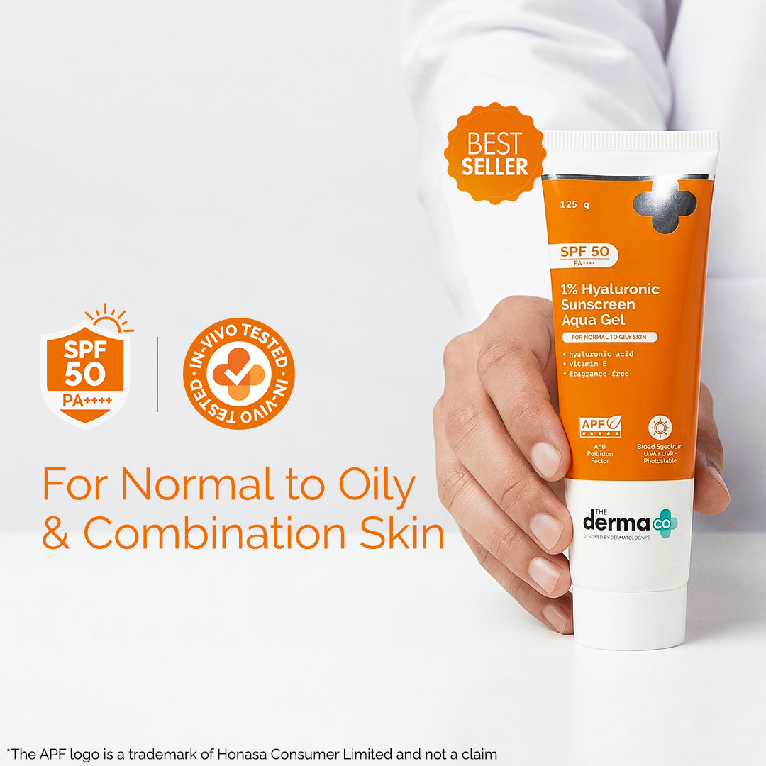 1% Hyaluronic Sunscreen Aqua Gel In Vivo Tested (ISO 24444:2019 Certified, CTRI/2025/02/080287) with SPF 50 & PA++++, Dewy Finish for All Skin Types - 125 g