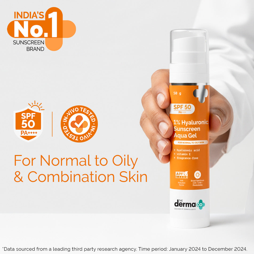 1% Hyaluronic Sunscreen Aqua Gel In Vivo Tested (ISO 24444:2019 Certified, CTRI/2025/02/080287) for Broad Spectrum & Blue Light Protection for Oily, Dry, Acne-prone Skin - 50g (Pack of 2)