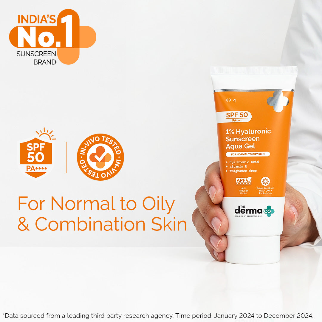 1% Hyaluronic Sunscreen Aqua Gel In-Vivo Tested (ISO 24444:2019 Certified, CTRI/2025/02/080287) with SPF 50 & PA++++ - 80g