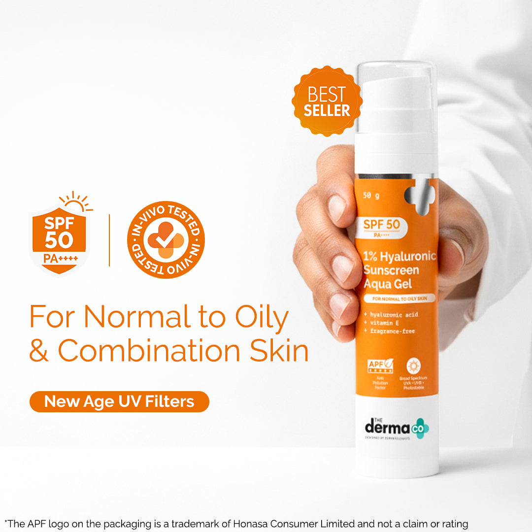 1% Hyaluronic Sunscreen Aqua Gel In Vivo Tested (ISO 24444:2019 Certified, CTRI/2025/02/080287), UVA: 39.984 (PA++++) (PPD 39) with SPF 50 & PA++++ , Dewy Finish for All Skin Types- 50g