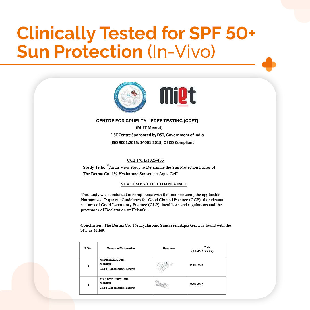 1% Hyaluronic Sunscreen Aqua Gel In-Vivo Tested (ISO 24444:2019 Certified, CTRI/2025/02/080287) with SPF 50 & PA++++ - 80g