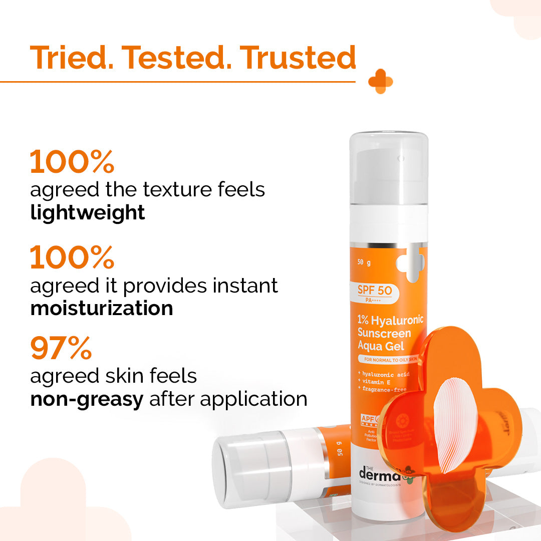 1% Hyaluronic Sunscreen Aqua Gel In Vivo Tested (ISO 24444:2019 Certified, CTRI/2025/02/080287) for Broad Spectrum & Blue Light Protection for Oily, Dry, Acne-prone Skin - 50g (Pack of 2)
