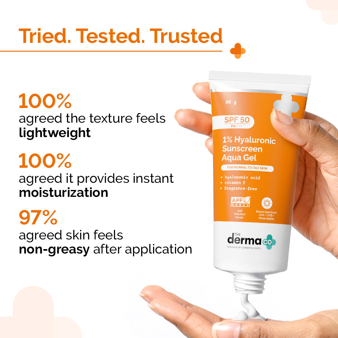 1% Hyaluronic Sunscreen Aqua Gel In-Vivo Tested (ISO 24444:2019 Certified, CTRI/2025/02/080287) with SPF 50 & PA++++ - 80g