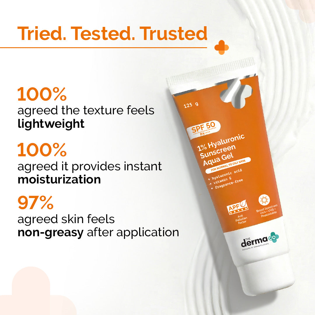 1% Hyaluronic Sunscreen Aqua Gel In Vivo Tested (ISO 24444:2019 Certified, CTRI/2025/02/080287) with SPF 50 & PA++++ - 125 g