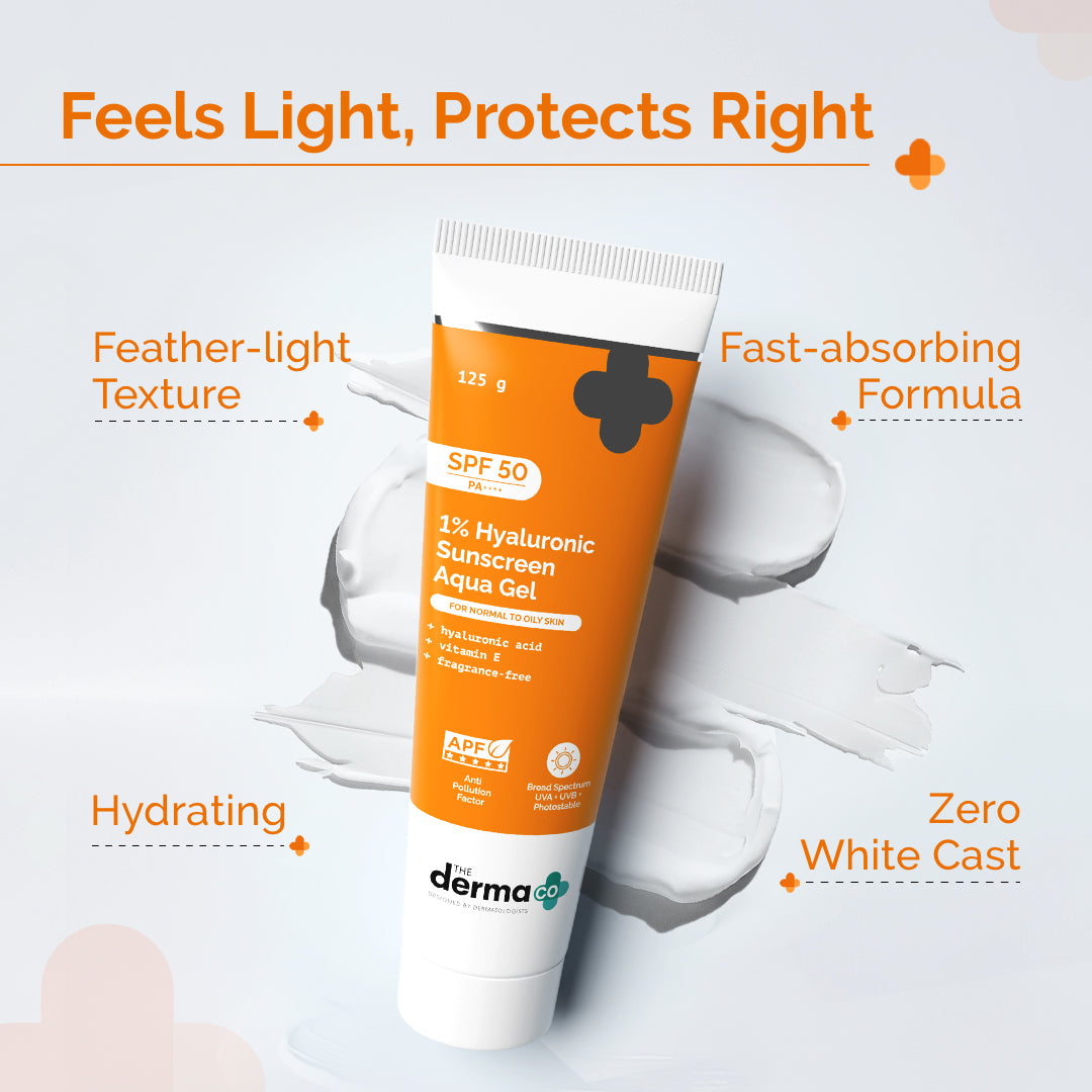 1% Hyaluronic Sunscreen Aqua Gel In Vivo Tested (ISO 24444:2019 Certified, CTRI/2025/02/080287) with SPF 50 & PA++++, Dewy Finish for All Skin Types - 125 g