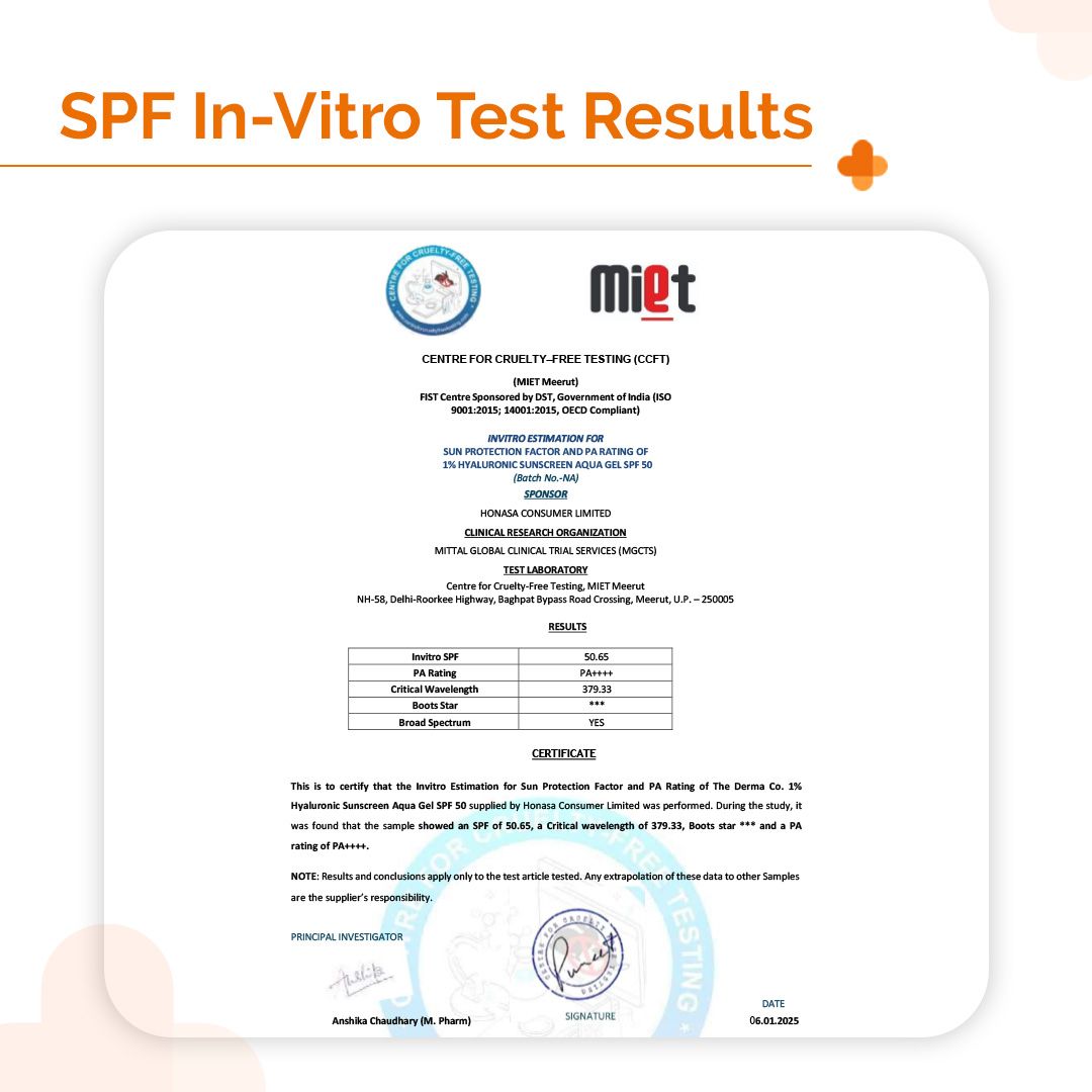 1% Hyaluronic Sunscreen Aqua Gel In Vivo Tested (ISO 24444:2019 Certified, CTRI/2025/02/080287) with SPF 50 & PA++++ - 125 g