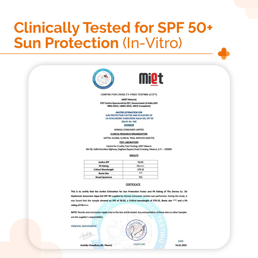 1% Hyaluronic Sunscreen Aqua Gel In-Vivo Tested (ISO 24444:2019 Certified, CTRI/2025/02/080287) with SPF 50 & PA++++ - 80g