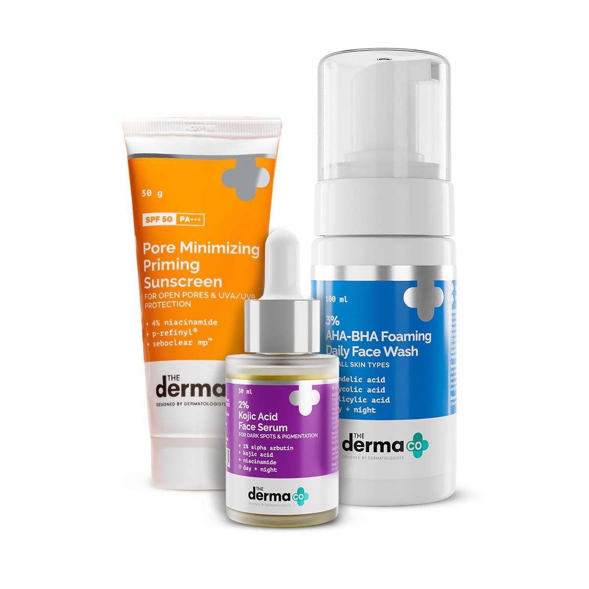 Dark Spots Kit (3% AHA+BHA Foaming Daily Face Wash + 2% Kojic Acid Face Serum + Pore Minimizing Priming Sunscreen)