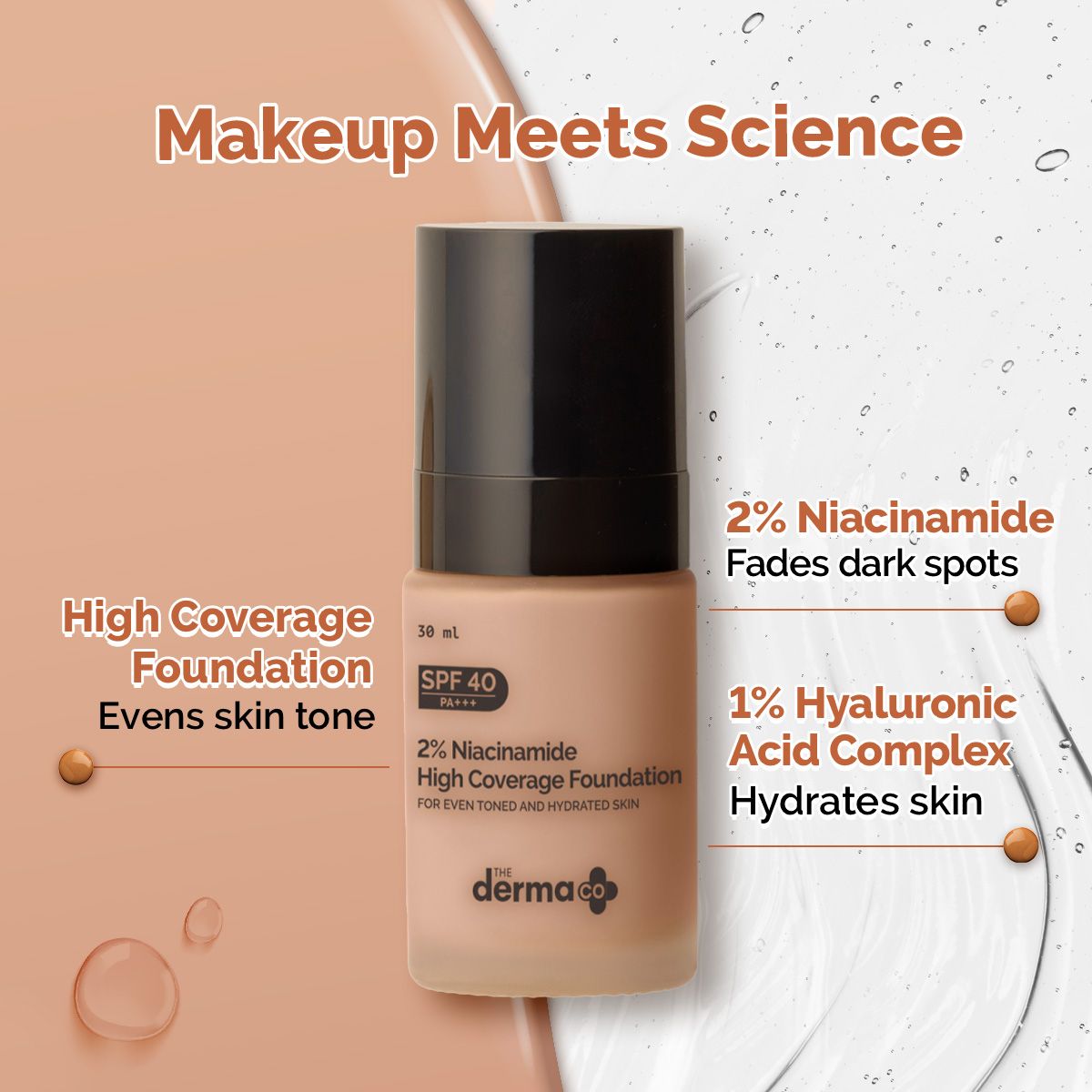 2% Niacinamide High Coverage Foundation With 1% Hyaluronic Acid Complex & SPF 40 PA+++ for 12 Hour Long Stay & 12 Hour Oil Control | 01 Ivory