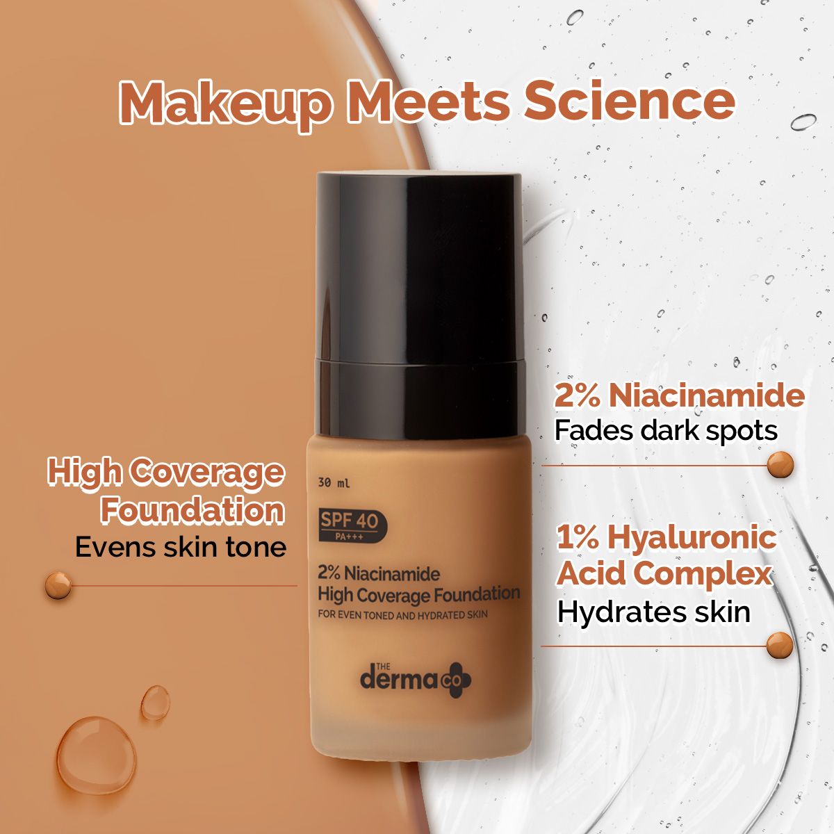 2% Niacinamide High Coverage Foundation With 1% Hyaluronic Acid Complex & SPF 40 PA+++ for 12 Hour Long Stay & 12 Hour Oil Control | 04 Caramel