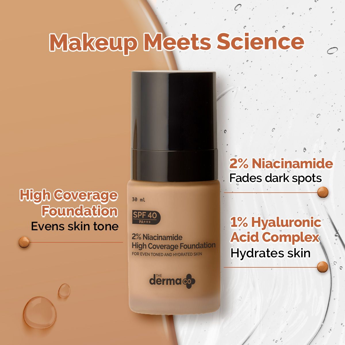 2% Niacinamide High Coverage Foundation With 1% Hyaluronic Acid Complex & SPF 40 PA+++ for 12 Hour Long Stay & 12 Hour Oil Control | 02 Nude