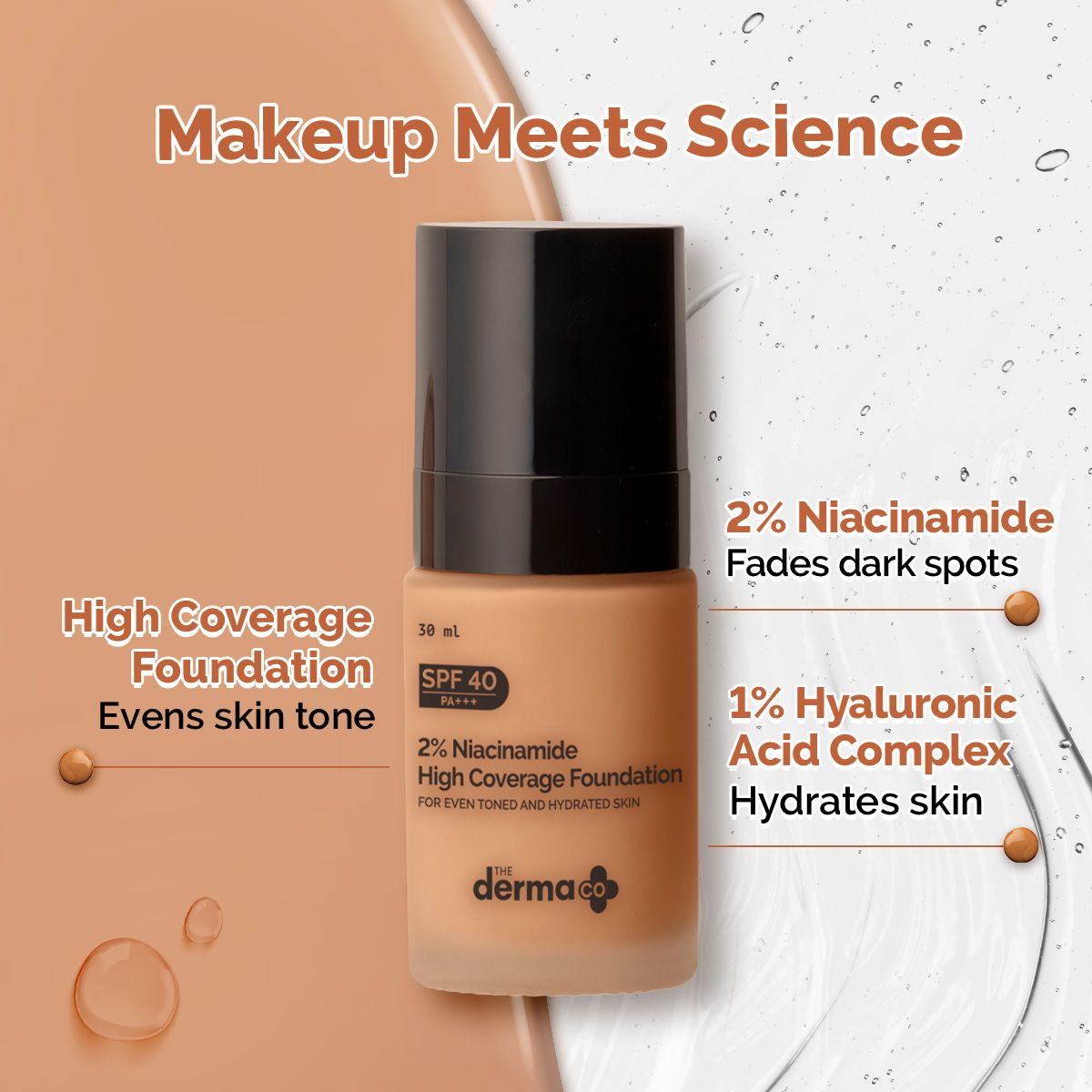 2% Niacinamide High Coverage Foundation With 1% Hyaluronic Acid Complex & SPF 40 PA+++ for 12 Hour Long Stay & 12 Hour Oil Control | 05 Peach