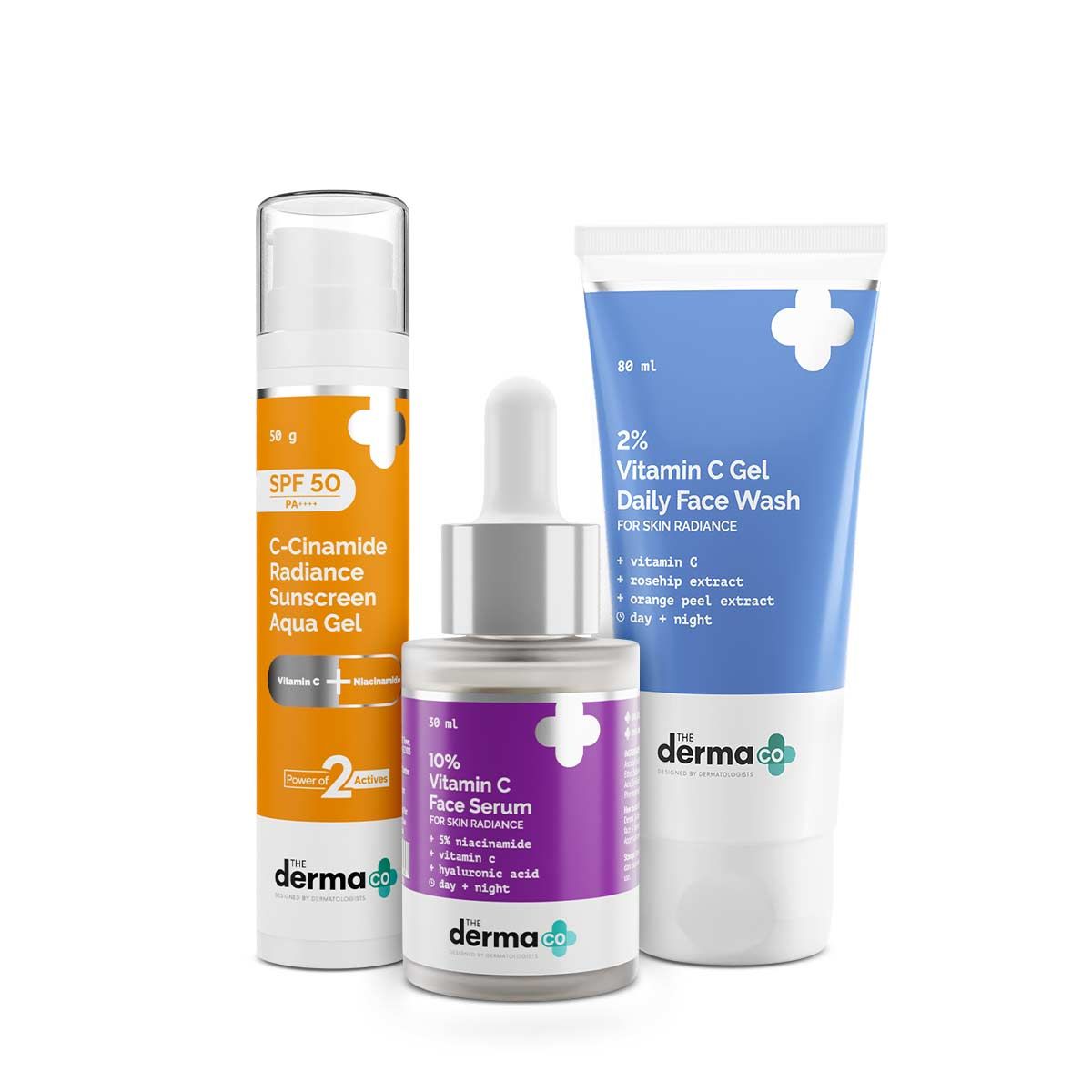 Skin Brightening & Sun Protection Kit (2% Vitamin C Gel Daily Face Wash + 10% Vitamin C Face Serum + C-Cinamide Radiance Sunscreen Aqua Gel)
